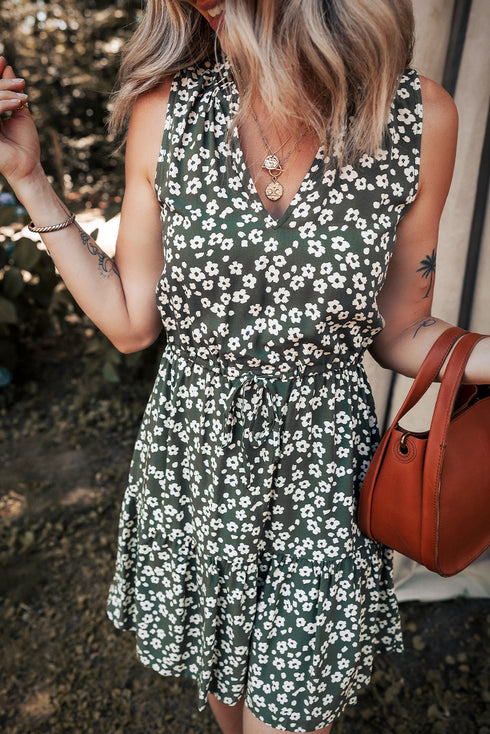 Bohemian Floral All Over Print V Neck Sleeveless Tunic A Line Summer Dress